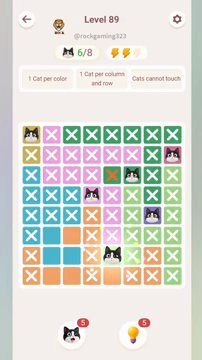 Meowdoku Level 89 step 6 screenshot showing the cat placement at E7 with 6 of 8 cats visible on the board.