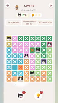 Meowdoku Level 89 step 7 screenshot showing the cat placement at C8 with 7 of 8 cats visible on the board.