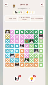 Meowdoku Level 89 step 8 screenshot showing the cat placement at B6 with 8 of 8 cats visible on the board.