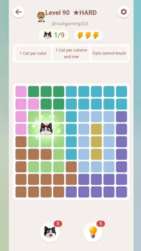 Meowdoku Level 90 step 1 screenshot showing the cat placement at C4 with 1 of 9 cats visible on the board.