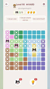 Meowdoku Level 90 step 3 screenshot showing the cat placement at G5 with 3 of 9 cats visible on the board.