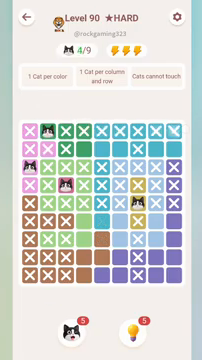 Meowdoku Level 90 step 4 screenshot showing the cat placement at B1 with 4 of 9 cats visible on the board.