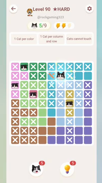 Meowdoku Level 90 step 5 screenshot showing the cat placement at F2 with 5 of 9 cats visible on the board.