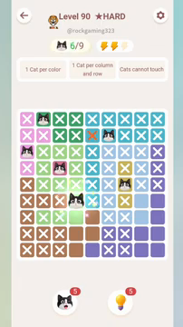 Meowdoku Level 90 step 6 screenshot showing the cat placement at D6 with 6 of 9 cats visible on the board.