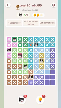 Meowdoku Level 90 step 7 screenshot showing the cat placement at E8 with 7 of 9 cats visible on the board.