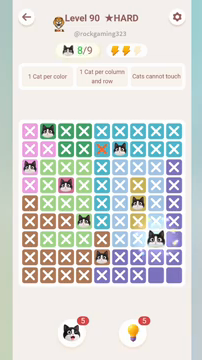 Meowdoku Level 90 step 8 screenshot showing the cat placement at H7 with 8 of 9 cats visible on the board.
