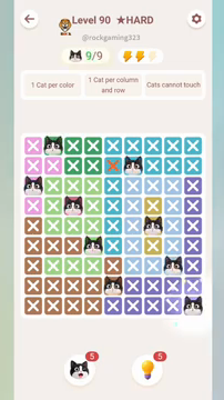 Meowdoku Level 90 step 9 screenshot showing the cat placement at I9 with 9 of 9 cats visible on the board.