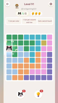 Meowdoku Level 91 step 1 screenshot showing the cat placement at A3 with 1 of 8 cats visible on the board.