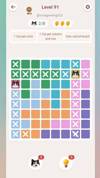 Meowdoku Level 91 step 2 screenshot showing the cat placement at G2 with 2 of 8 cats visible on the board.