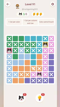 Meowdoku Level 91 step 3 screenshot showing the cat placement at F7 with 3 of 8 cats visible on the board.