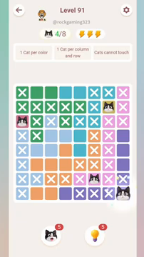 Meowdoku Level 91 step 4 screenshot showing the cat placement at H8 with 4 of 8 cats visible on the board.