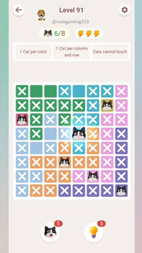 Meowdoku Level 91 step 6 screenshot showing the cat placement at E4 with 6 of 8 cats visible on the board.