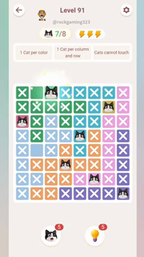 Meowdoku Level 91 step 7 screenshot showing the cat placement at C1 with 7 of 8 cats visible on the board.