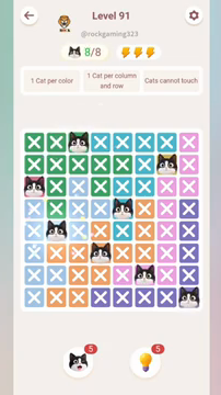 Meowdoku Level 91 step 8 screenshot showing the cat placement at B5 with 8 of 8 cats visible on the board.