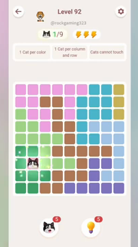 Meowdoku Level 92 step 1 screenshot showing the cat placement at B7 with 1 of 9 cats visible on the board.