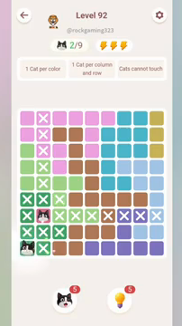 Meowdoku Level 92 step 2 screenshot showing the cat placement at A9 with 2 of 9 cats visible on the board.
