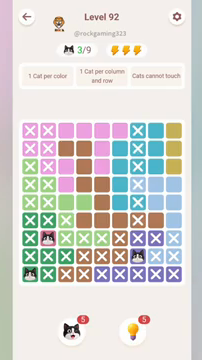 Meowdoku Level 92 step 3 screenshot showing the cat placement at G8 with 3 of 9 cats visible on the board.