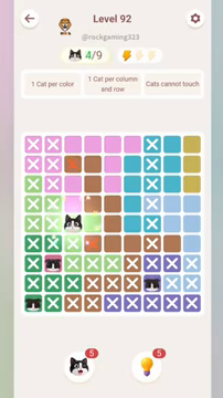 Meowdoku Level 92 step 4 screenshot showing the cat placement at C5 with 4 of 9 cats visible on the board.
