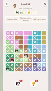Meowdoku Level 92 step 5 screenshot showing the cat placement at E6 with 5 of 9 cats visible on the board.