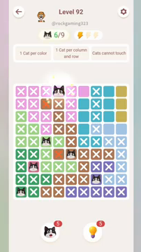 Meowdoku Level 92 step 6 screenshot showing the cat placement at D1 with 6 of 9 cats visible on the board.