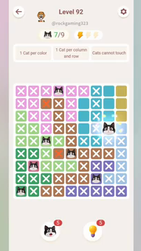 Meowdoku Level 92 step 7 screenshot showing the cat placement at H4 with 7 of 9 cats visible on the board.