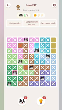 Meowdoku Level 92 step 8 screenshot showing the cat placement at F3 with 8 of 9 cats visible on the board.