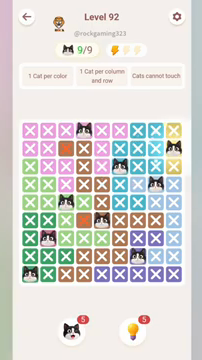 Meowdoku Level 92 step 9 screenshot showing the cat placement at I2 with 9 of 9 cats visible on the board.