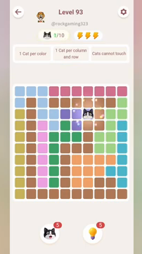 Meowdoku Level 93 step 1 screenshot showing the cat placement at G3 with 1 of 10 cats visible on the board.