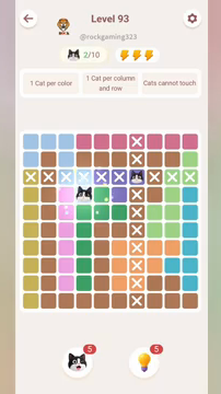 Meowdoku Level 93 step 2 screenshot showing the cat placement at D4 with 2 of 10 cats visible on the board.