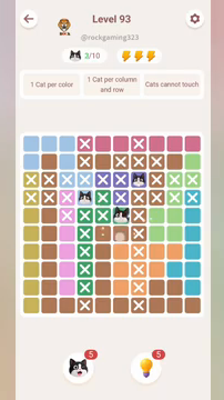 Meowdoku Level 93 step 3 screenshot showing the cat placement at F5 with 3 of 10 cats visible on the board.
