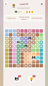 Meowdoku Level 93 step 4 screenshot showing the cat placement at H8 with 4 of 10 cats visible on the board.
