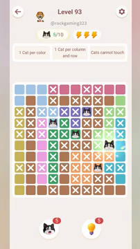 Meowdoku Level 93 step 5 screenshot showing the cat placement at I6 with 5 of 10 cats visible on the board.