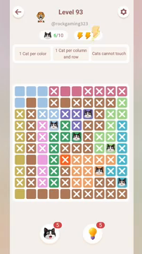 Meowdoku Level 93 step 6 screenshot showing the cat placement at J9 with 6 of 10 cats visible on the board.