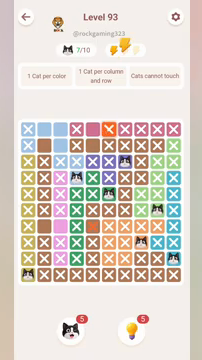 Meowdoku Level 93 step 7 screenshot showing the cat placement at A10 with 7 of 10 cats visible on the board.