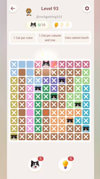 Meowdoku Level 93 step 8 screenshot showing the cat placement at E1 with 8 of 10 cats visible on the board.