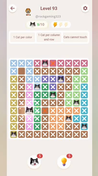 Meowdoku Level 93 step 9 screenshot showing the cat placement at C7 with 9 of 10 cats visible on the board.