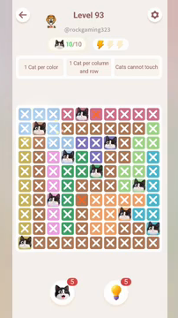 Meowdoku Level 93 step 10 screenshot showing the cat placement at B2 with 10 of 10 cats visible on the board.
