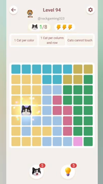 Meowdoku Level 94 step 1 screenshot showing the cat placement at B5 with 1 of 8 cats visible on the board.