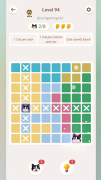 Meowdoku Level 94 step 2 screenshot showing the cat placement at G8 with 2 of 8 cats visible on the board.