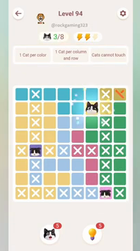 Meowdoku Level 94 step 3 screenshot showing the cat placement at F2 with 3 of 8 cats visible on the board.