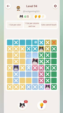 Meowdoku Level 94 step 4 screenshot showing the cat placement at E4 with 4 of 8 cats visible on the board.