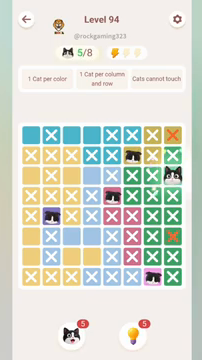 Meowdoku Level 94 step 5 screenshot showing the cat placement at H3 with 5 of 8 cats visible on the board.