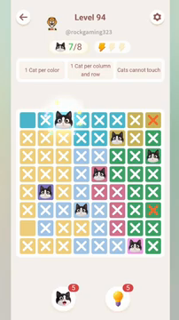 Meowdoku Level 94 step 7 screenshot showing the cat placement at C1 with 7 of 8 cats visible on the board.