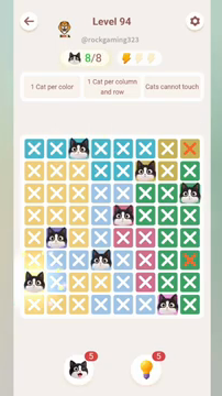 Meowdoku Level 94 step 8 screenshot showing the cat placement at A7 with 8 of 8 cats visible on the board.