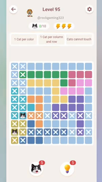 Meowdoku Level 95 step 2 screenshot showing the cat placement at B7 with 2 of 10 cats visible on the board.
