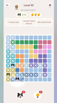 Meowdoku Level 95 step 3 screenshot showing the cat placement at C10 with 3 of 10 cats visible on the board.
