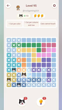 Meowdoku Level 95 step 4 screenshot showing the cat placement at D8 with 4 of 10 cats visible on the board.