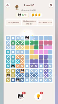 Meowdoku Level 95 step 5 screenshot showing the cat placement at E1 with 5 of 10 cats visible on the board.