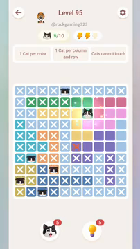 Meowdoku Level 95 step 6 screenshot showing the cat placement at G3 with 6 of 10 cats visible on the board.