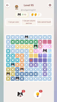 Meowdoku Level 95 step 7 screenshot showing the cat placement at I4 with 7 of 10 cats visible on the board.